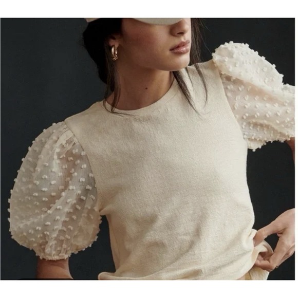 Maeve Tops - 2Pc Maeve Anthropologie Puff Sleeve Top S/M Sheer Swiss Ivory Nautical Stripe